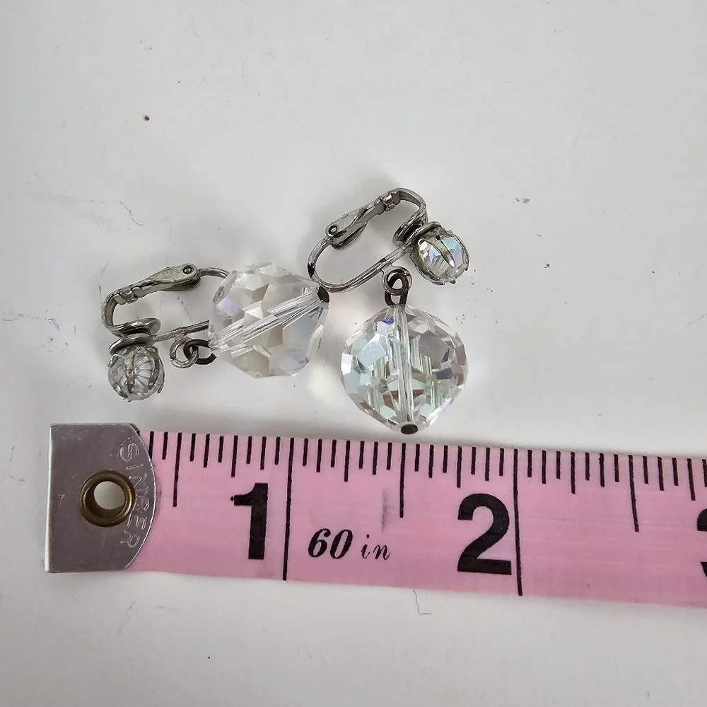 Vintage 1950s Aurora Borealis Crystal Drop Clip-On Earrings Iridescent AB Glass
